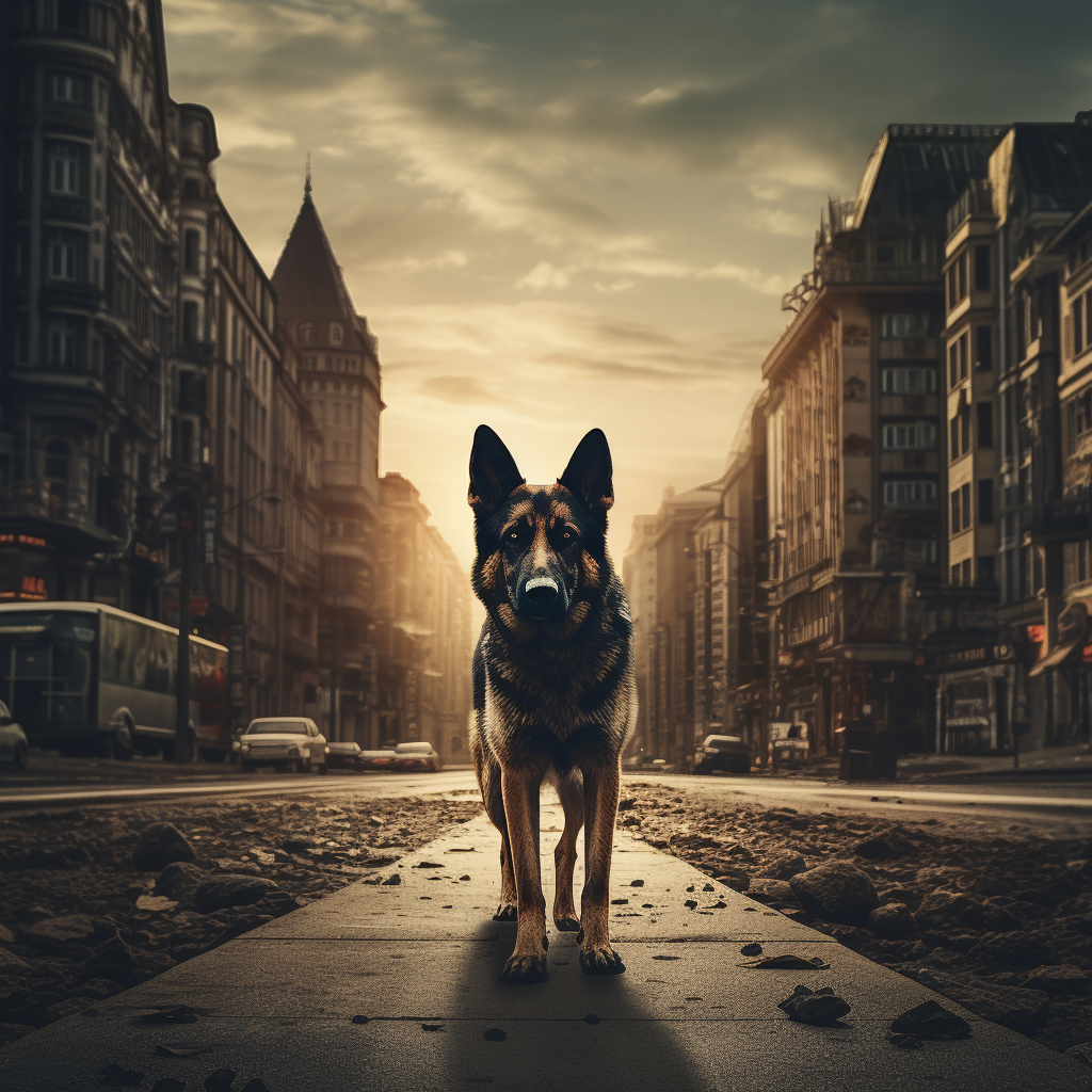 German Shepherd standing in empty city street