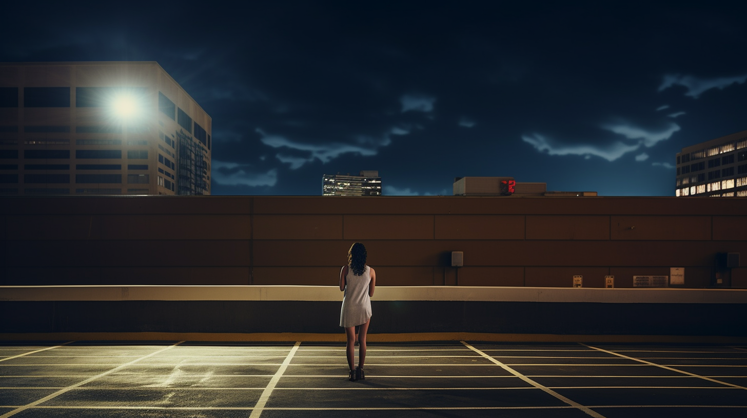 Woman leaning over city parking garage edge