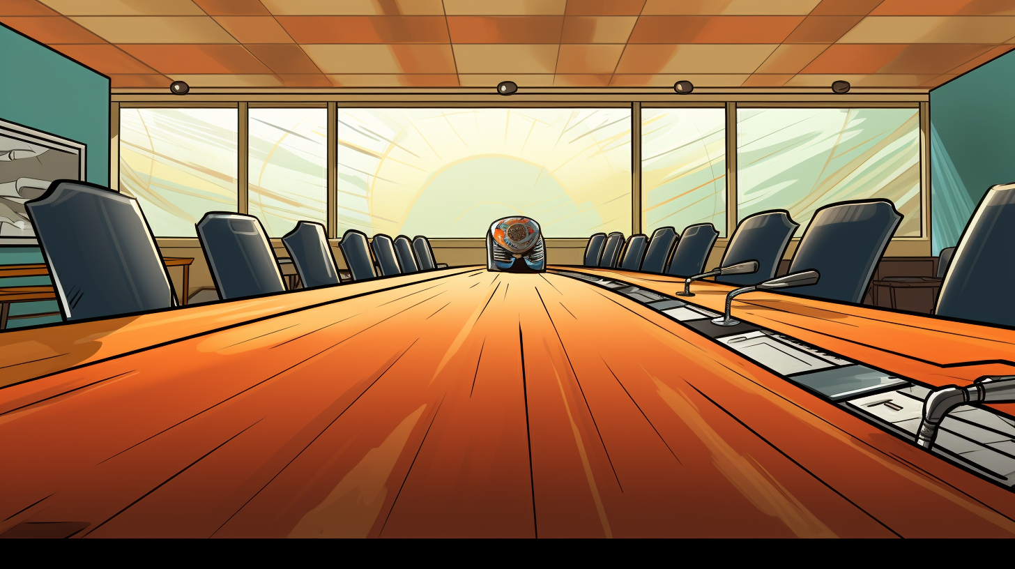 Cartoon-style empty football press conference table