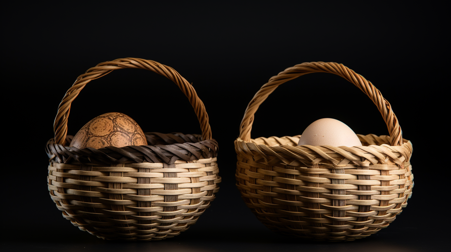 Two Easter baskets, one empty and the other full of colorful eggs