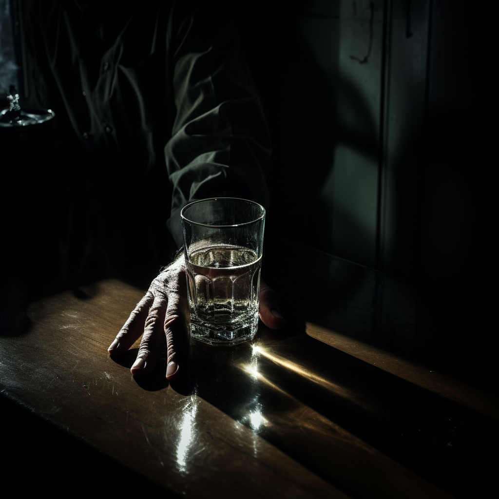 Empty glass on bedside table with shadowed hand