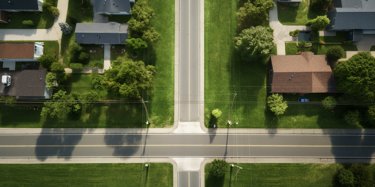 Aerial view of empty grass corner lot