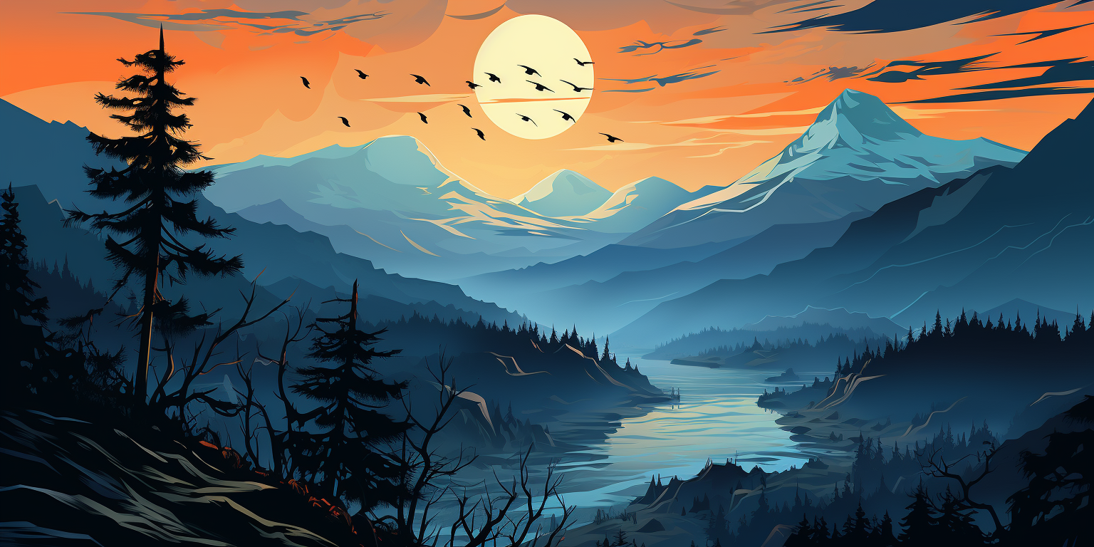 Digital illustration of great cormorant nest on mountains