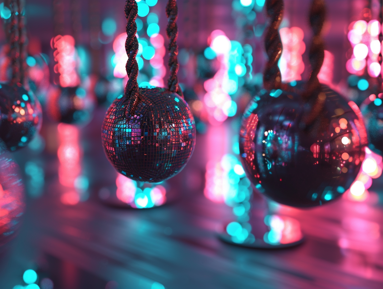 Empty hanging swing in disco ball-filled room