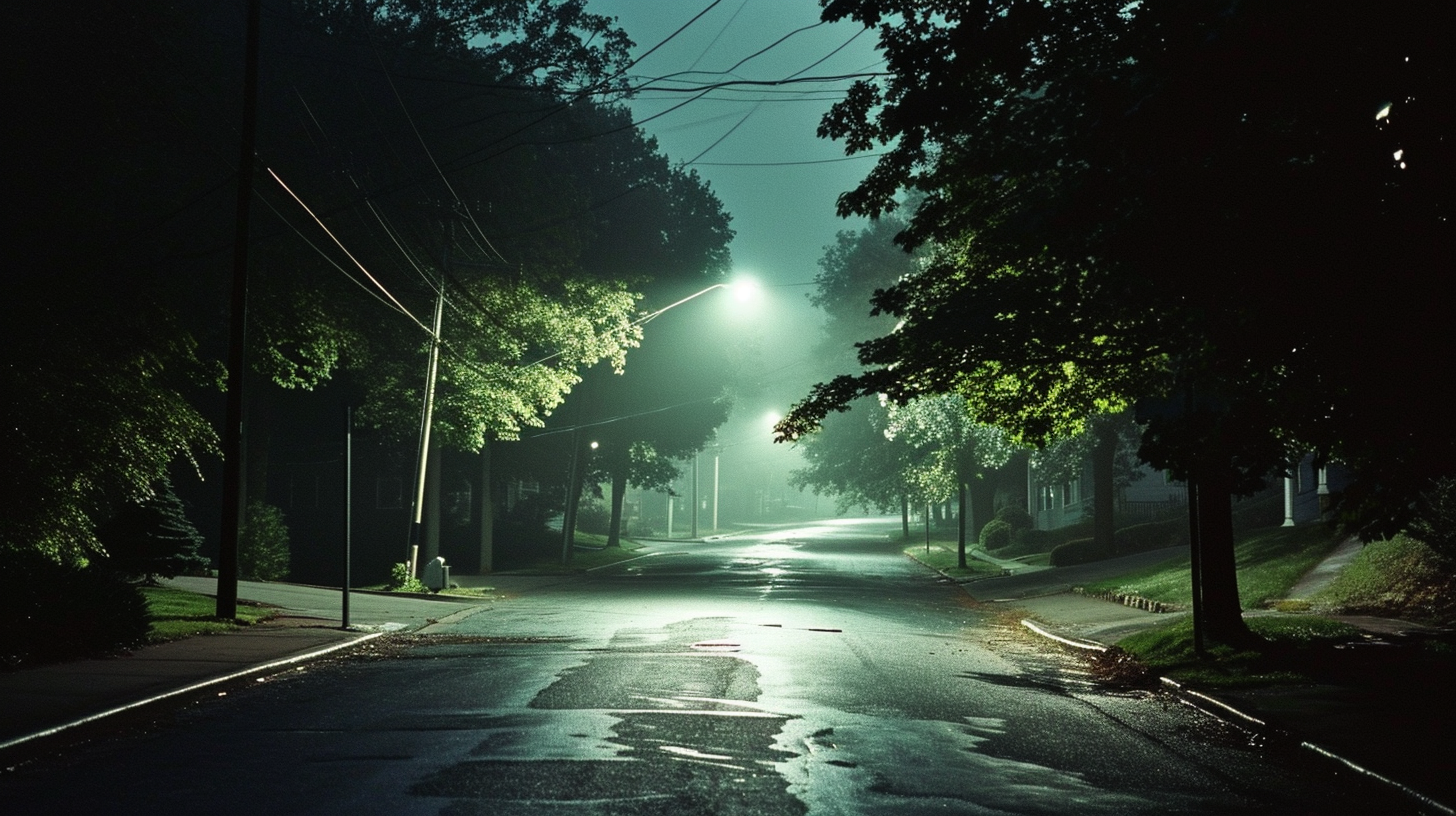 Desolate suburban street illuminated by streetlamps