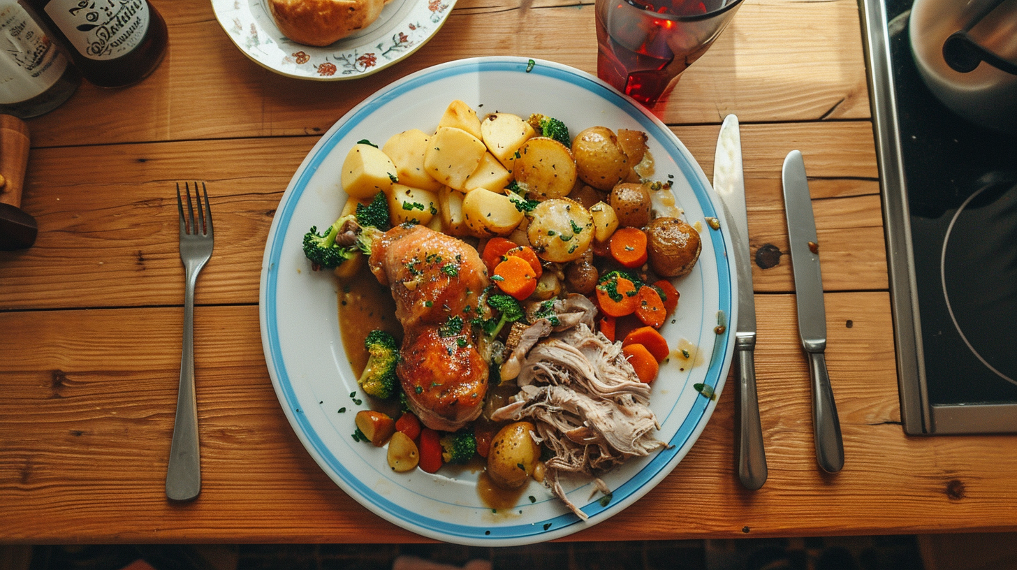 Empty kitchen worktop with overflowing roast dinner plate