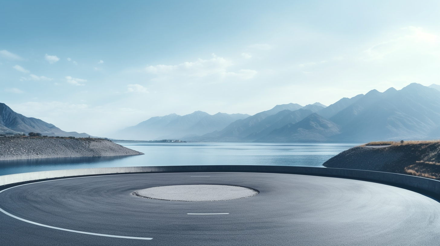 Empty Landscape with Lake, Mountains, and Curved Asphalt Street