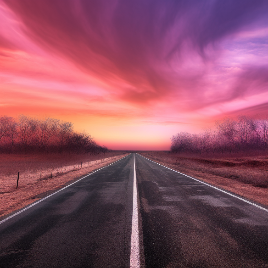 Breathtaking empty road in pink sky