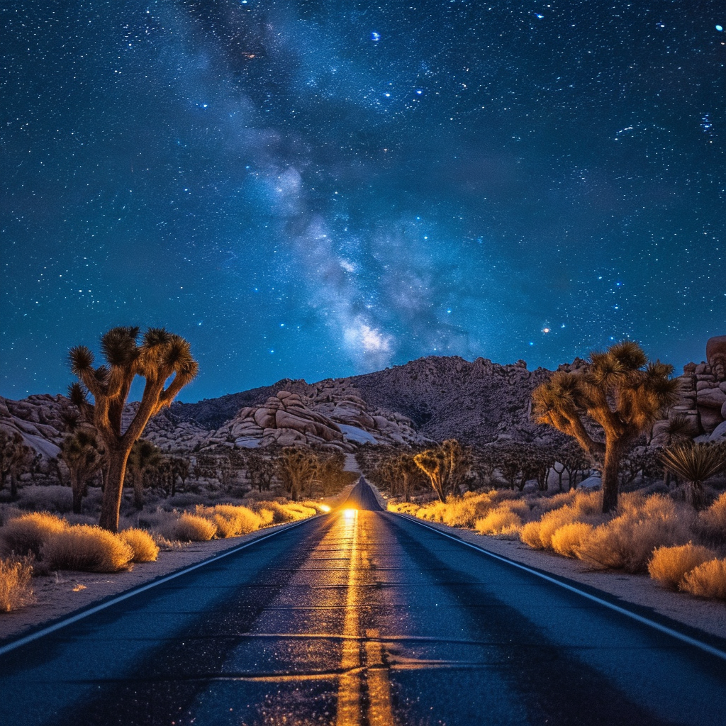 Night Stars Trees on Empty Road