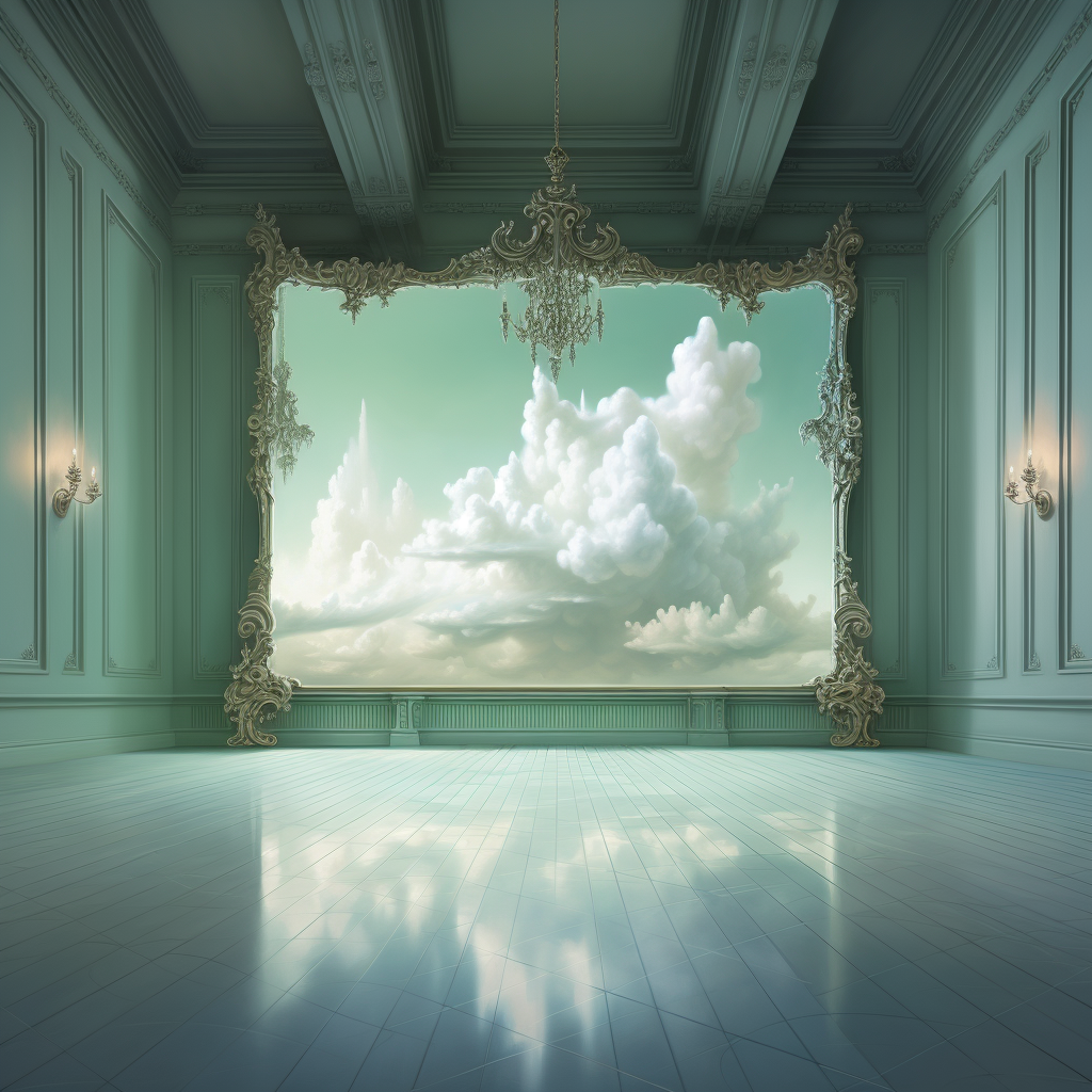 Ornate mirror in dreamy cloud-filled room