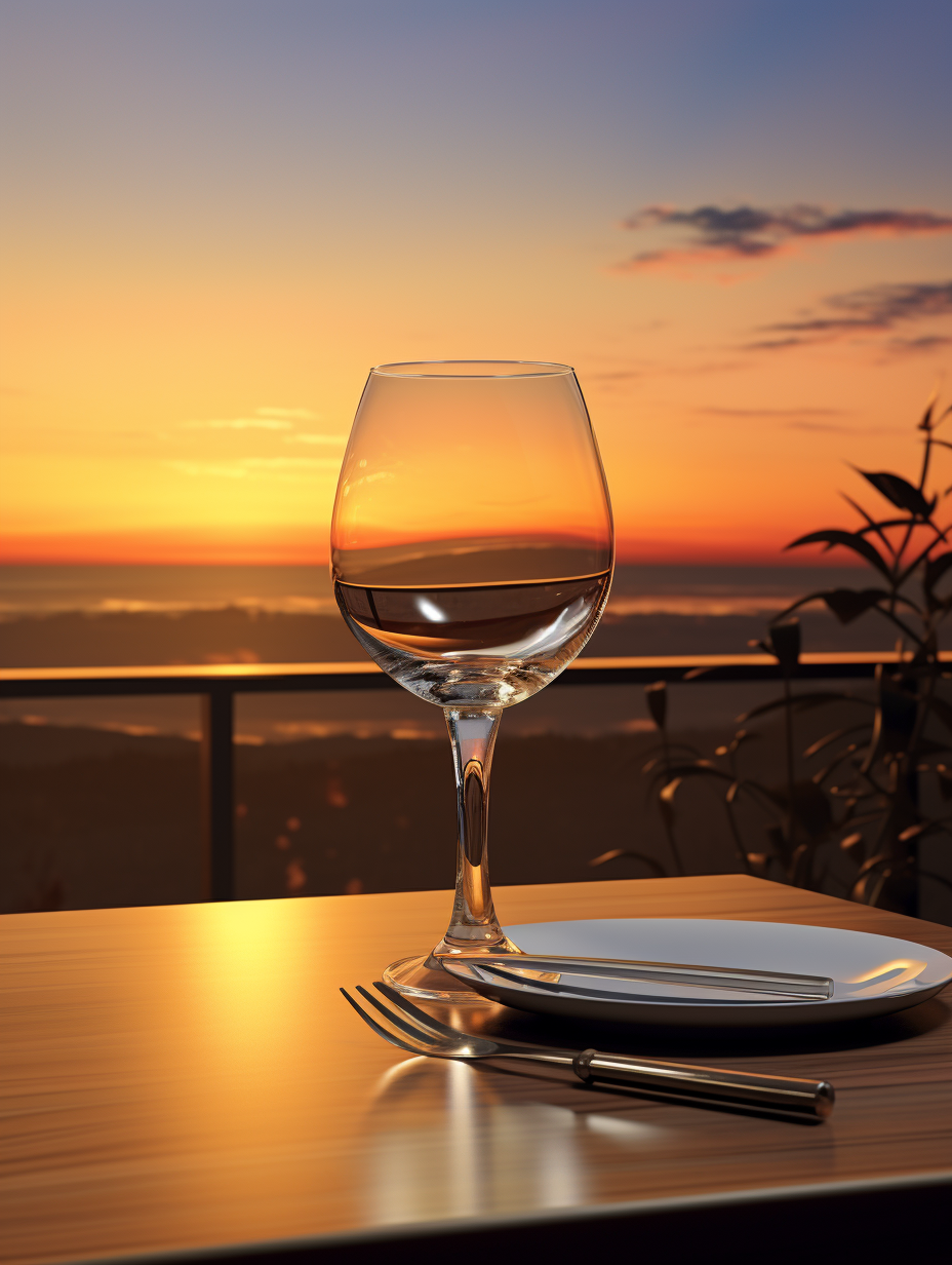 Beautiful sunset scene with glass and olive