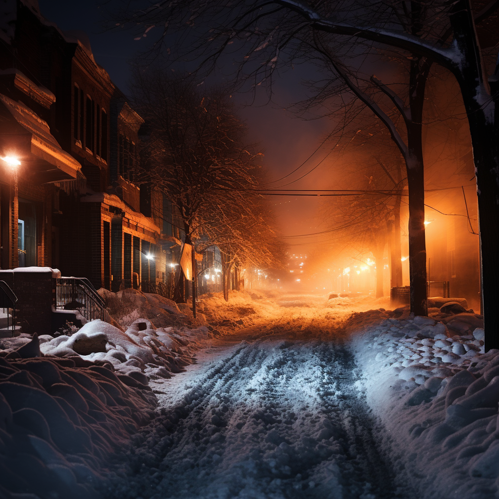 Empty street on fire during snowstorm at night