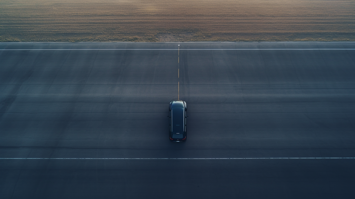 Aerial view of a single car on empty tarmac