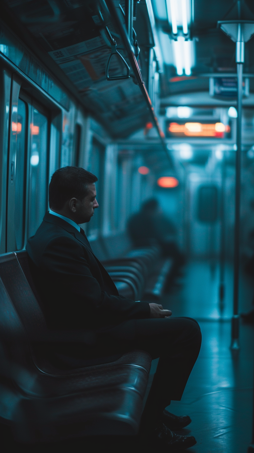 American man in creepy empty train