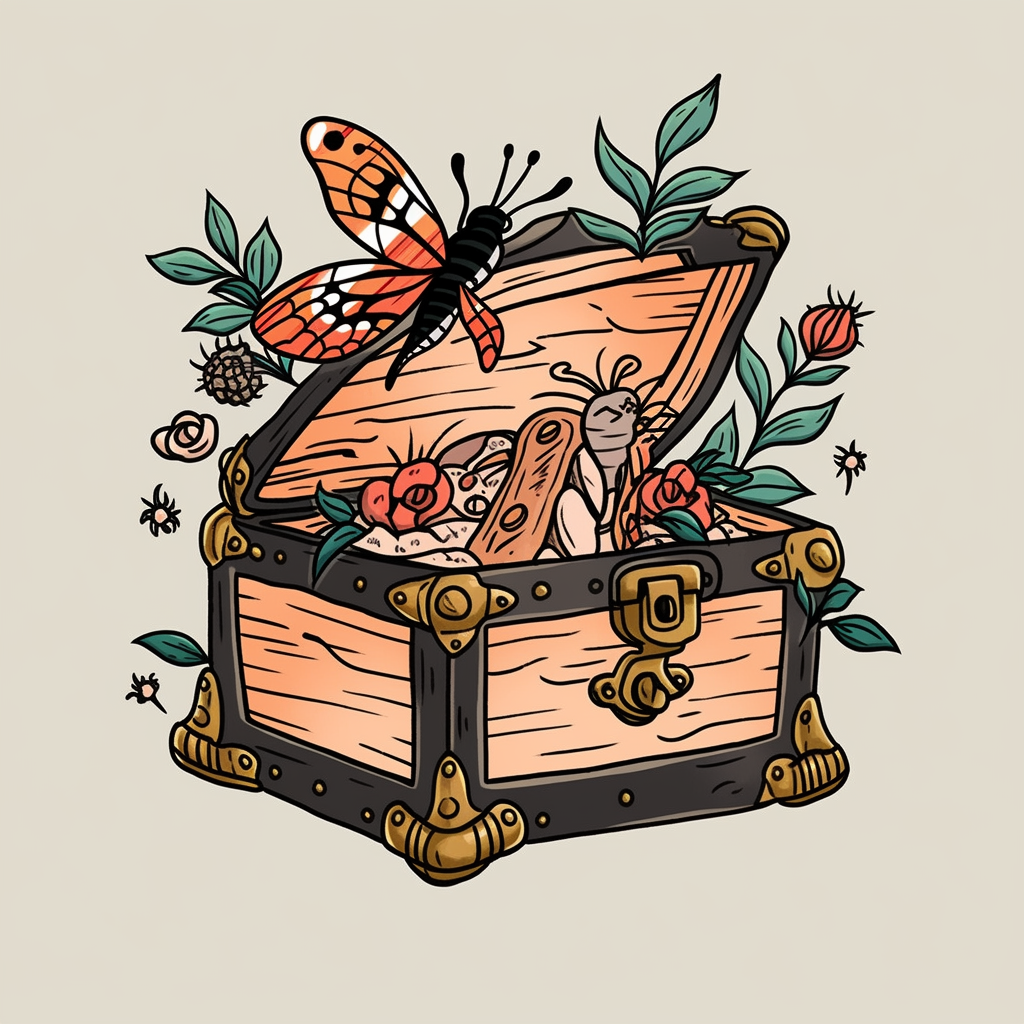 Vintage tattoo of an empty treasure chest with moths