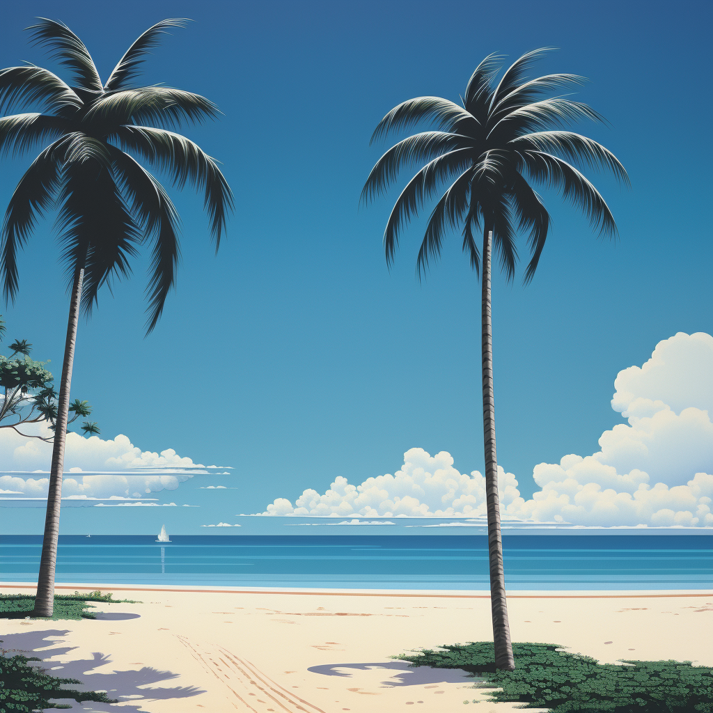 Empty tropical beach with palm trees under blue skies