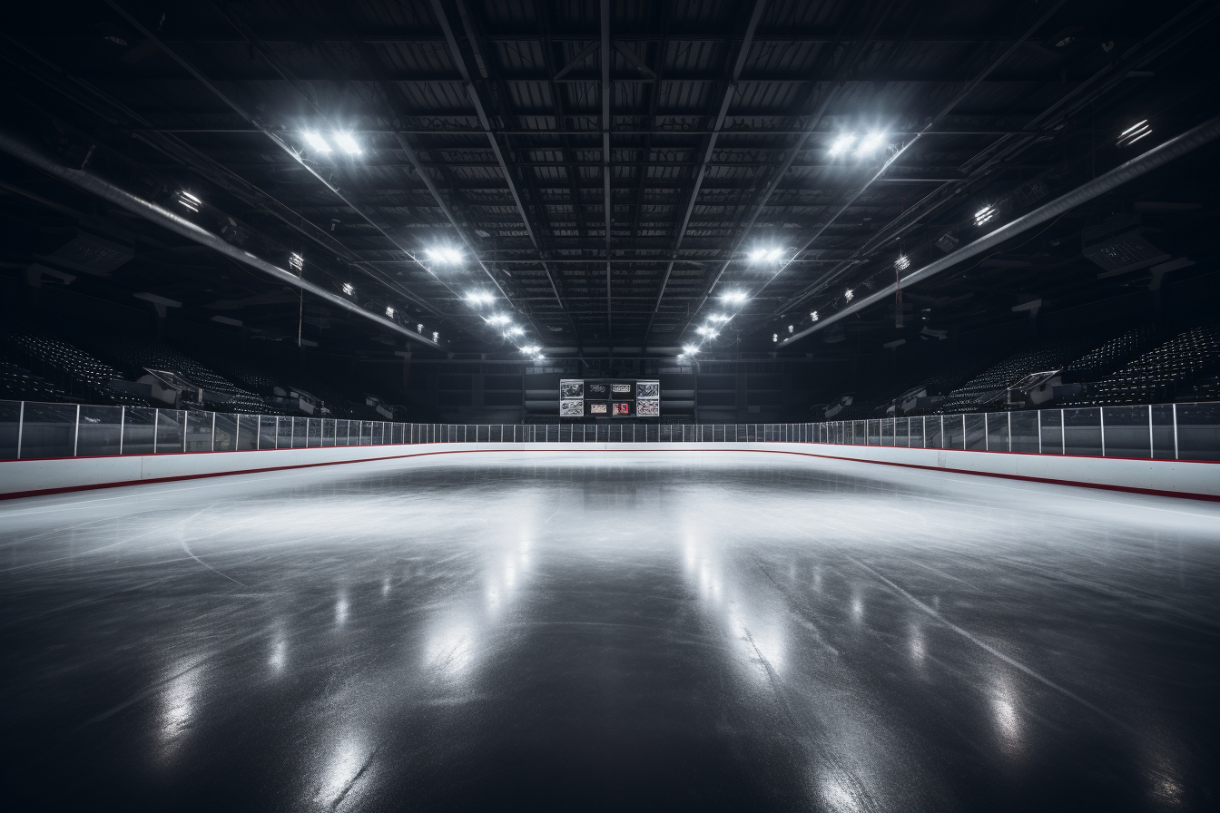 Epic arena lighting illuminates empty hockey rink