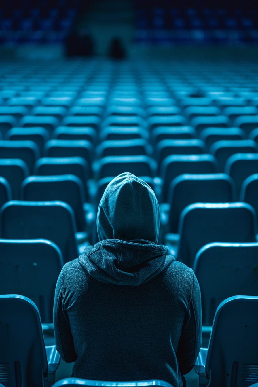 Empty seats in stadium with single man