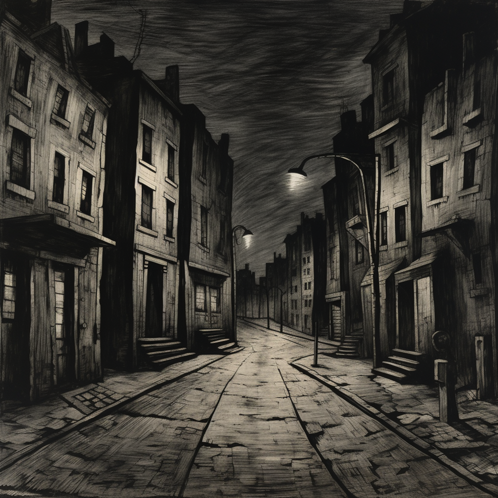 Rough pencil sketch of empty street at night in 1940