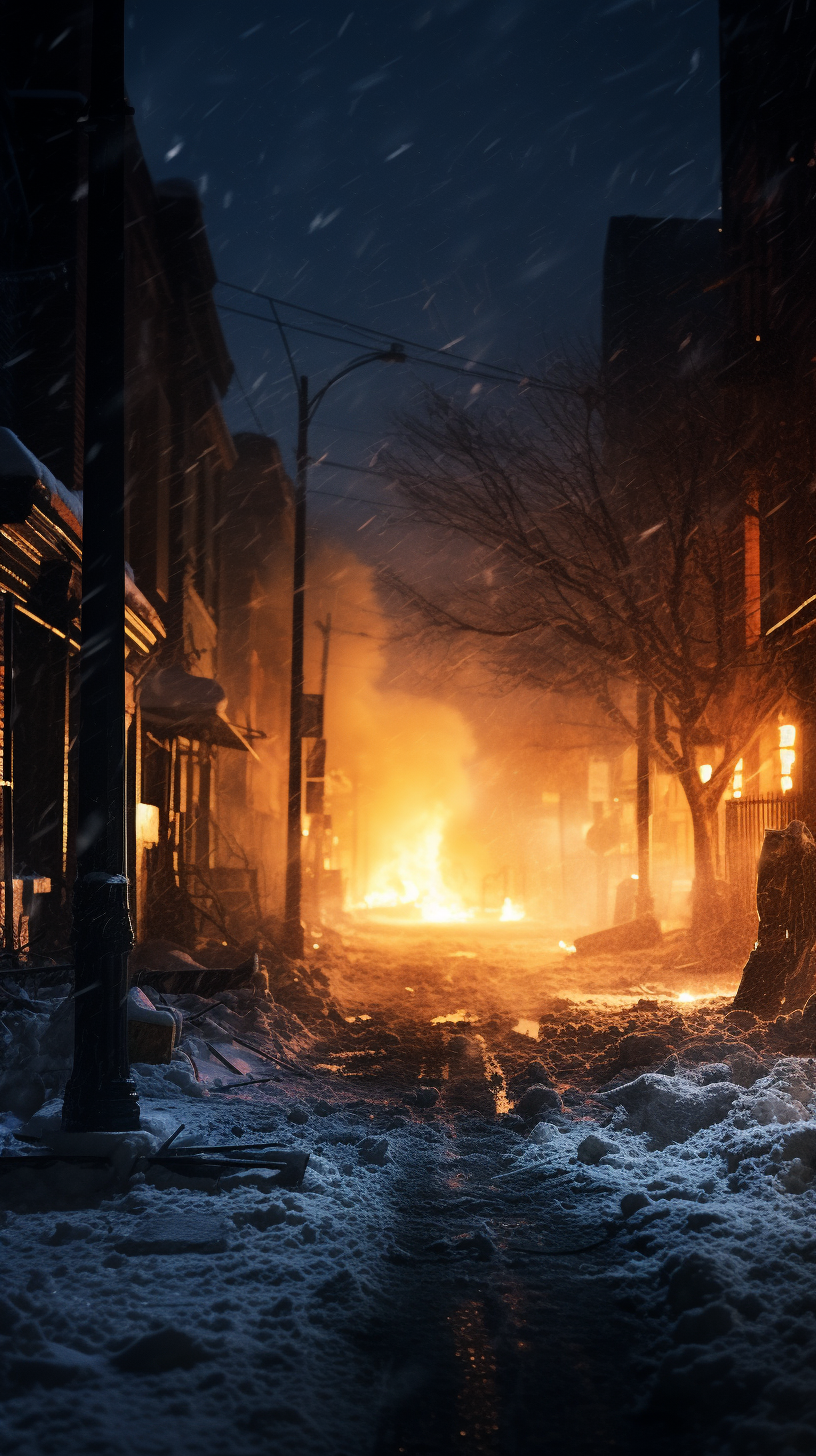 Empty street on fire during snowstorm