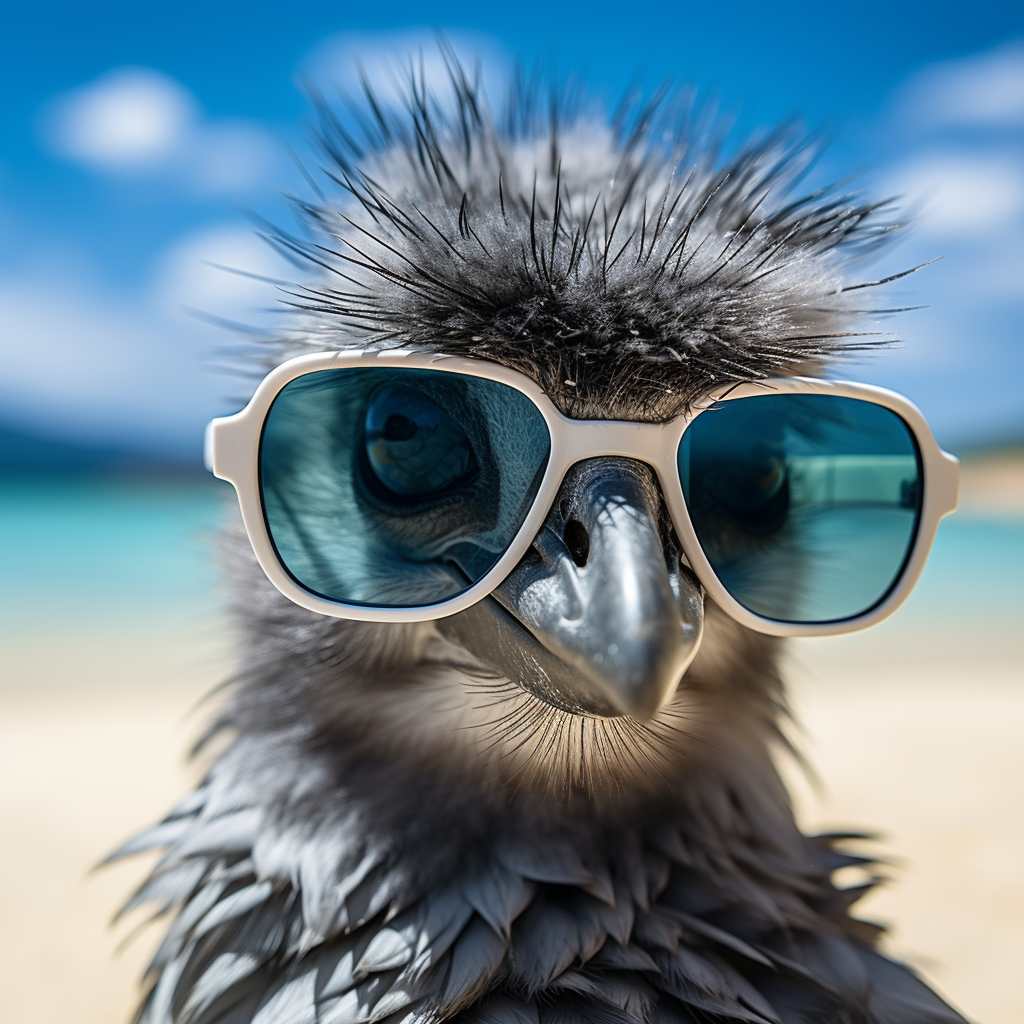 Emu wearing sunglasses on beach