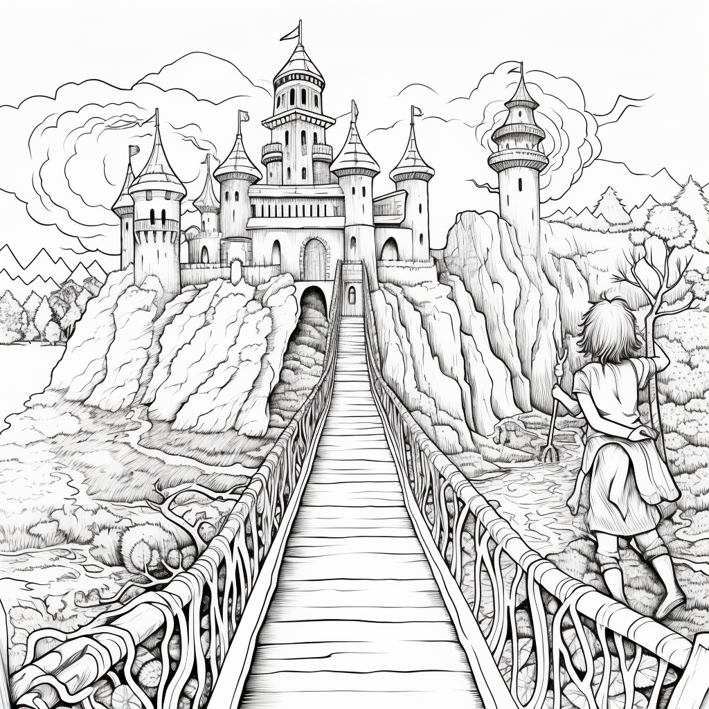 Enchanted bridge and mysterious castle coloring page