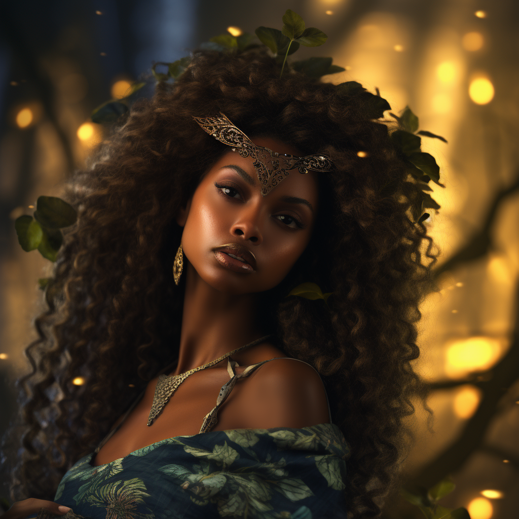 Beautiful black woman in enchanted forest