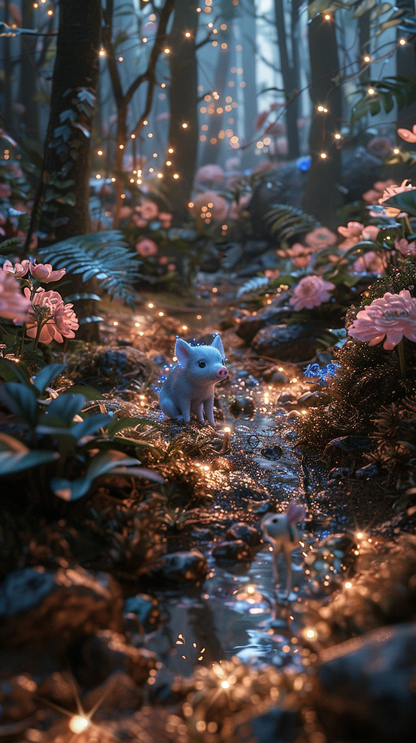 Baby piglet in enchanted forest