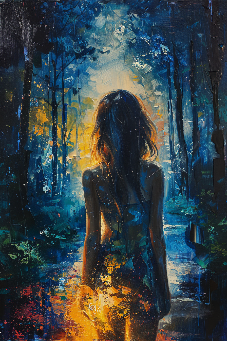 impressionism forest girl deer painting