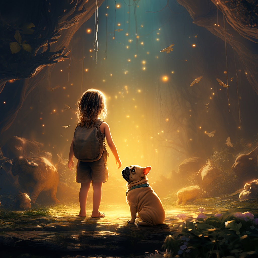 Little girl and French Bulldog in enchanted forest