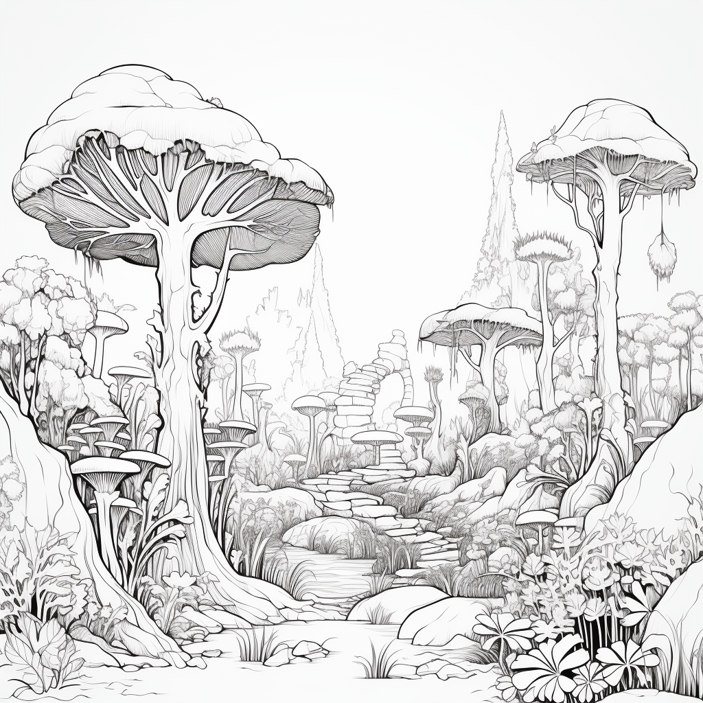 Black and white enchanted forest lineart