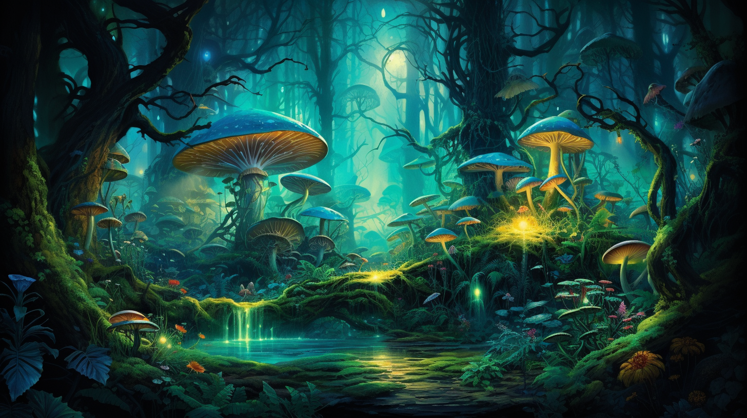 Vibrant enchanted forest mushroom scene