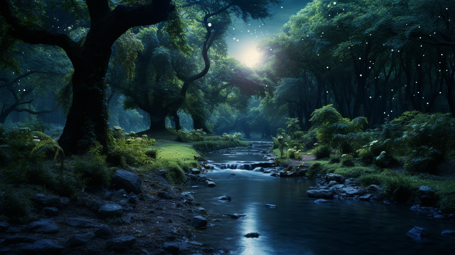 Enchanted forest with moonlit river