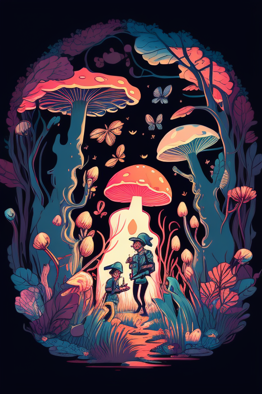 Enchanted Forest with Hallucinogenic Mushrooms and Fairies