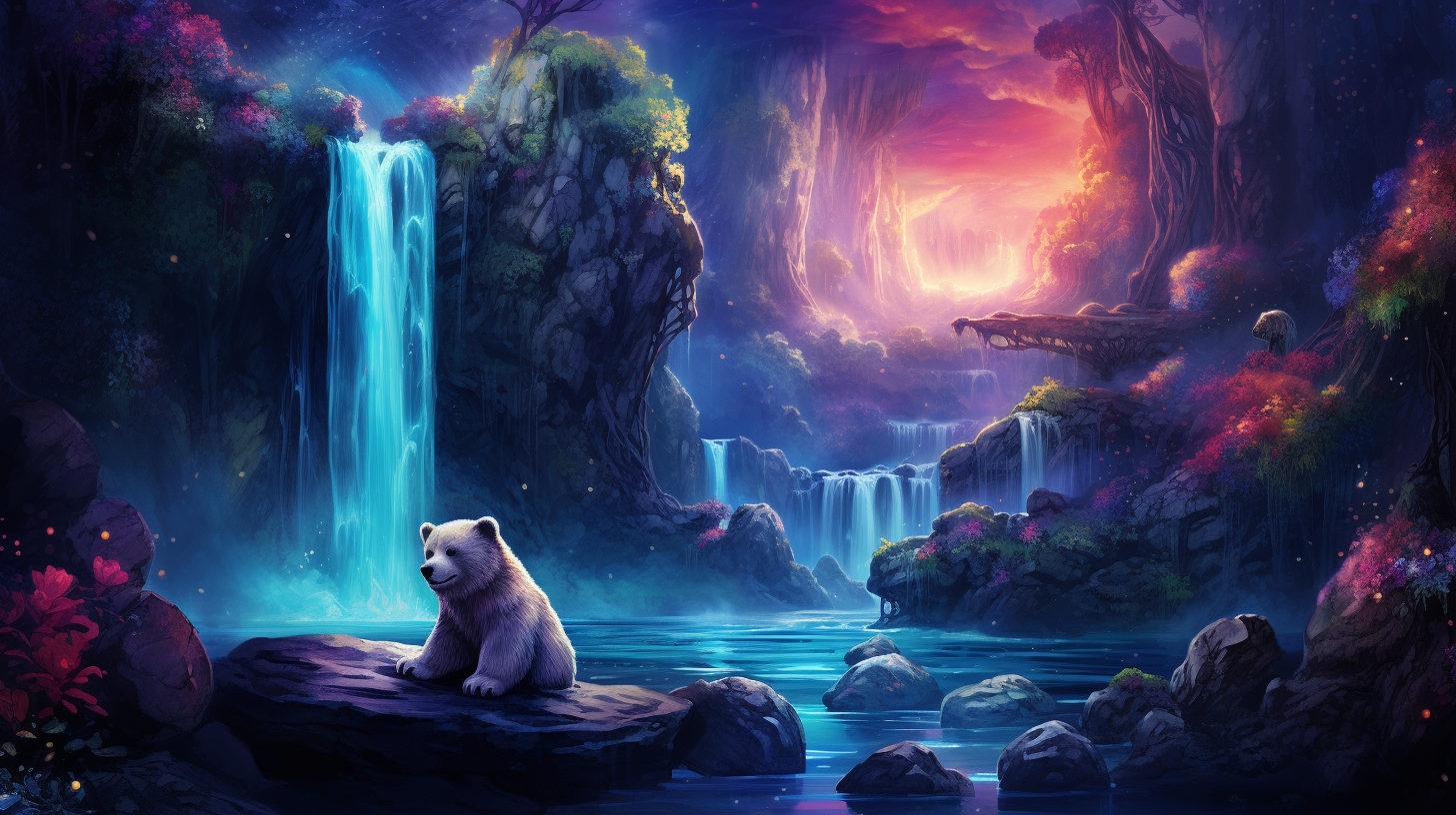 Teddy watching night waterfall in enchanted forest