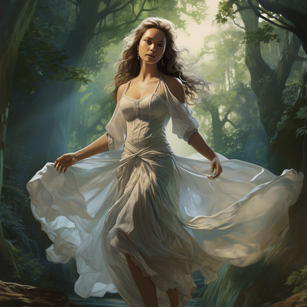 Woman running in enchanted forest