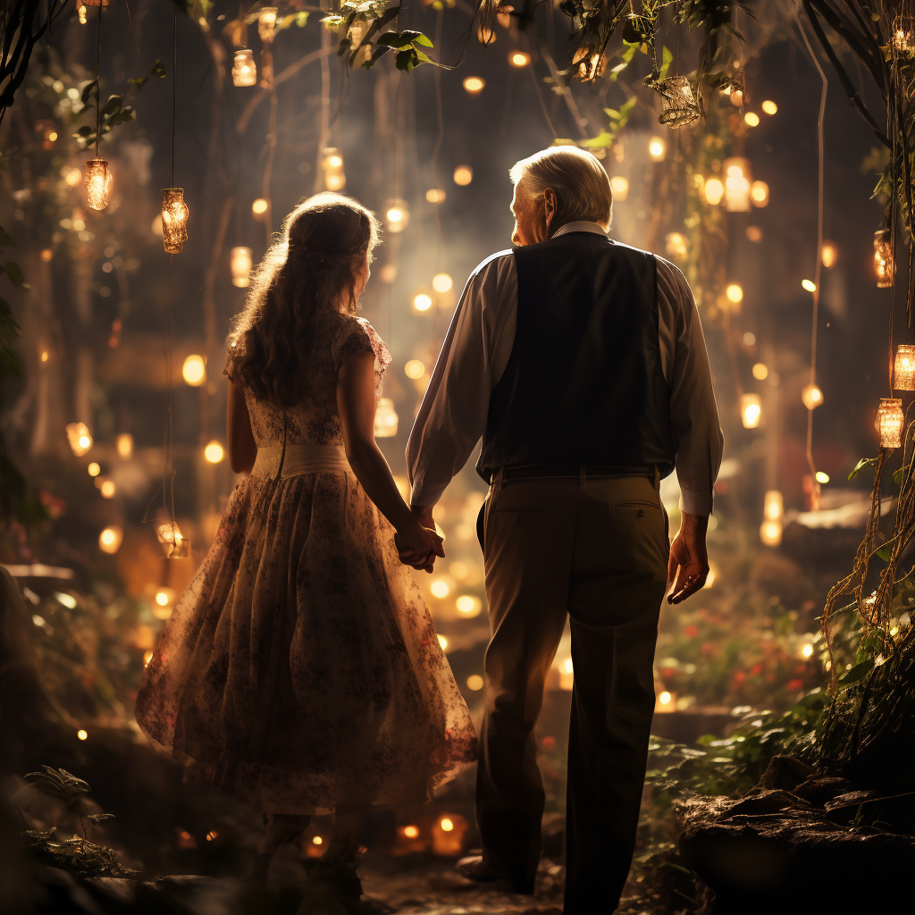 Elderly couple holding hands in enchanted garden