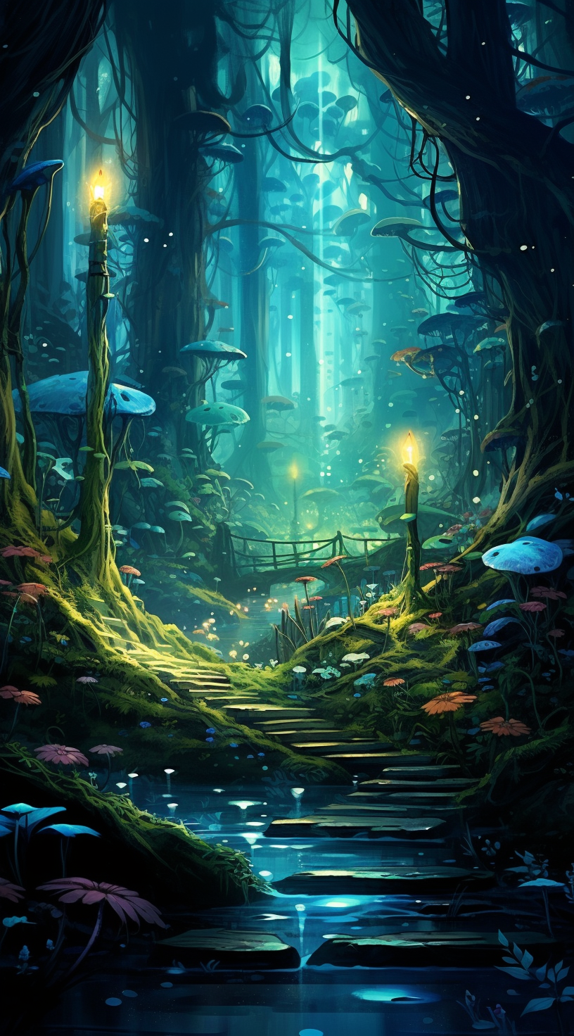 Enchanted forest with hidden animals and neon art