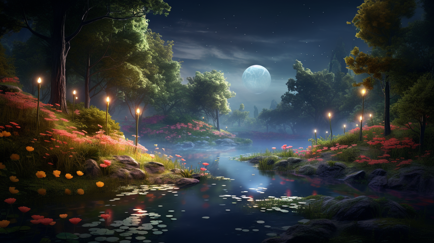 Enchanted forest with river and flowers