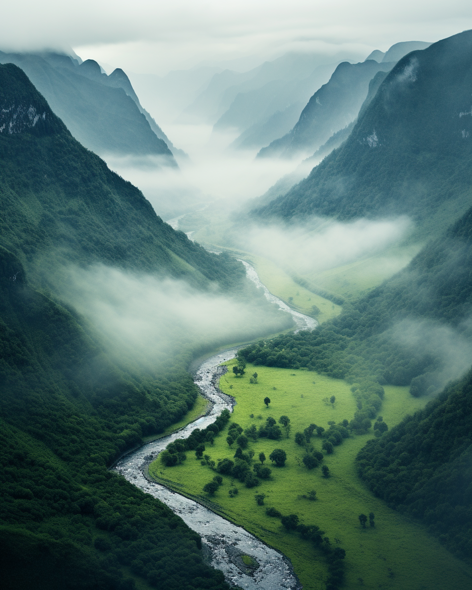 Enchanted misty forest valley mountains