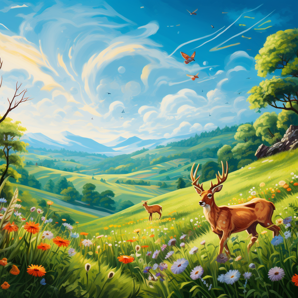 Cartoon Enchanted Scene with Sun, Hill, and Wildlife