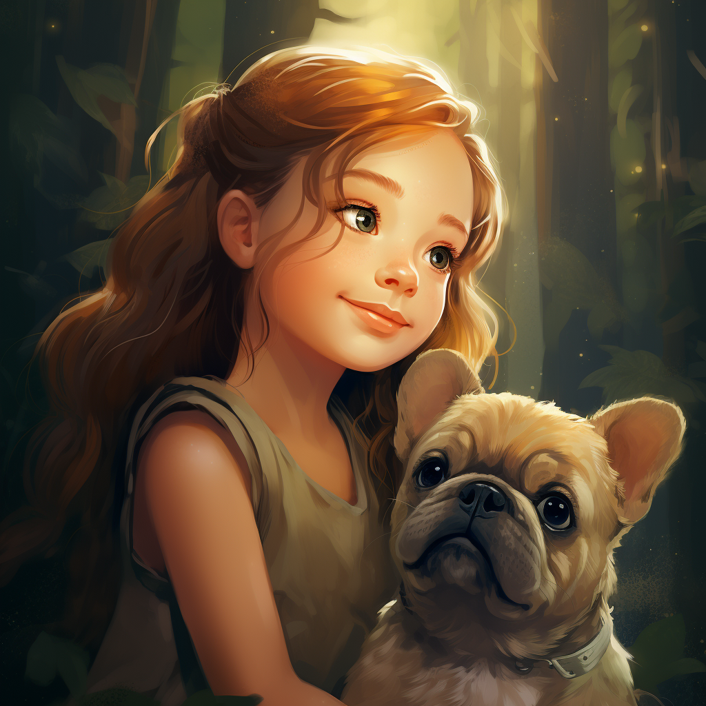 Little girl and French Bulldog in enchanted forest