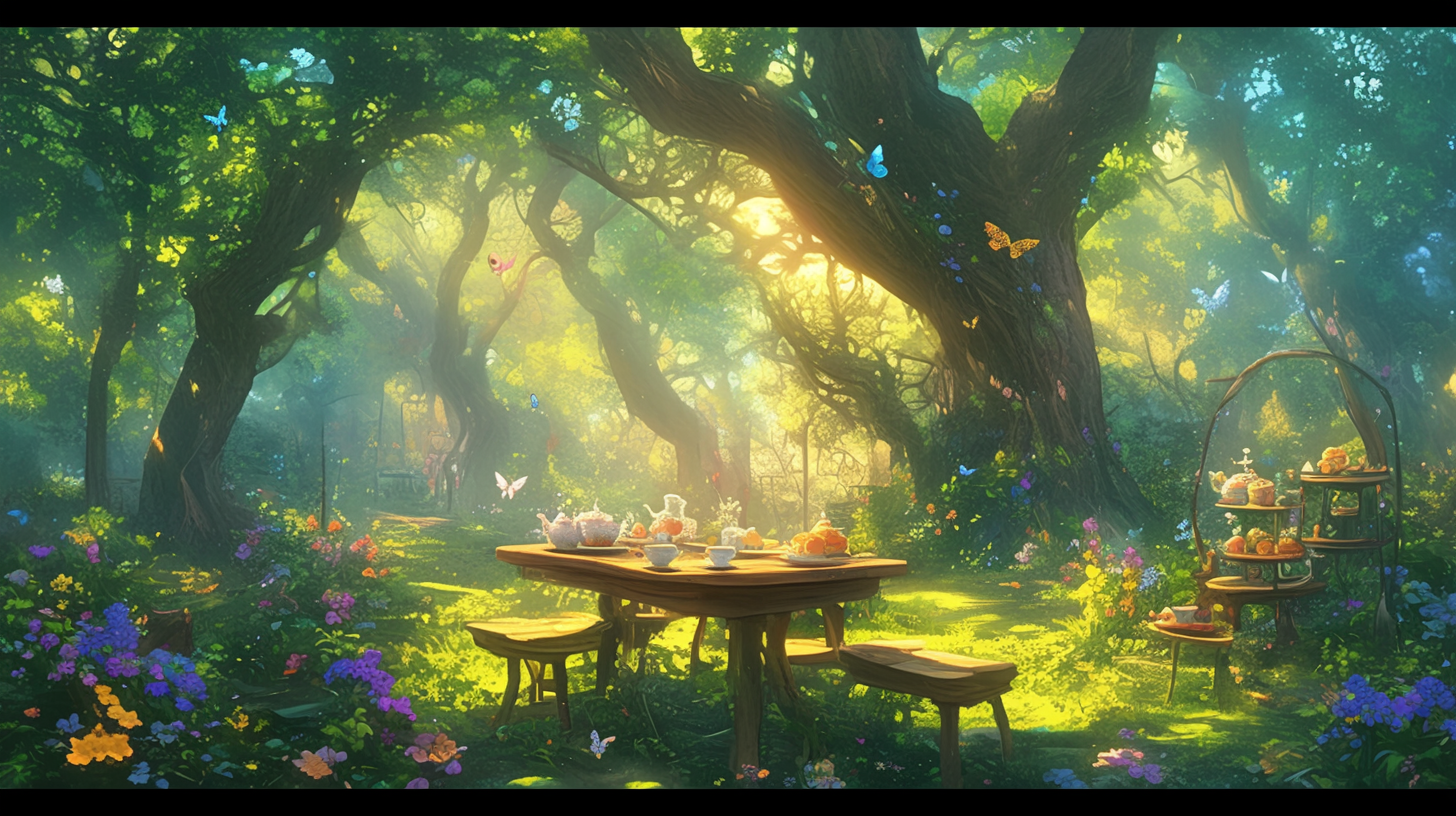 Whimsical tea party in forest