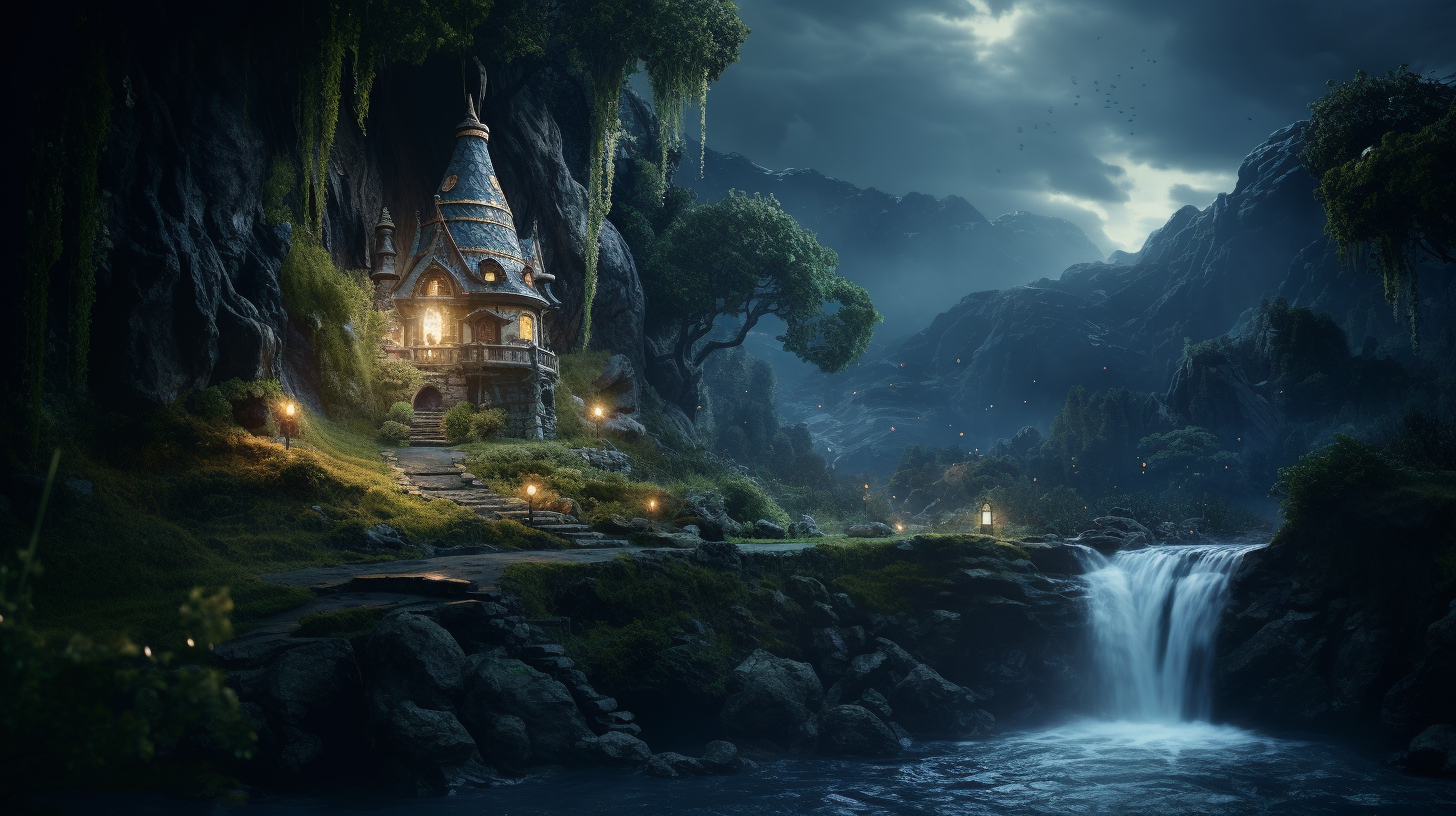 Picture of enchanted forest waterfall house