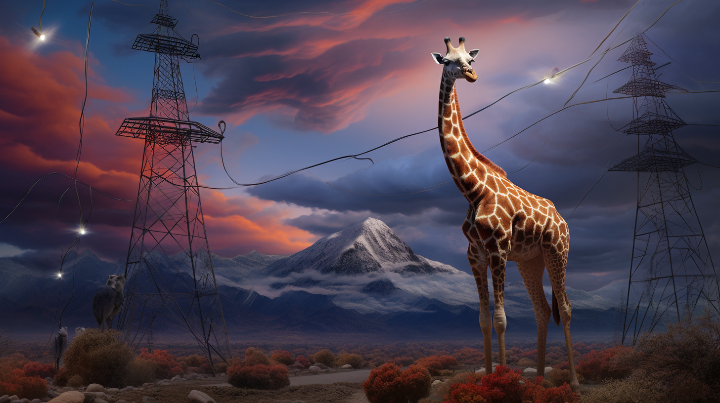 Enchanted giraffe with cellphone antennas and volcano