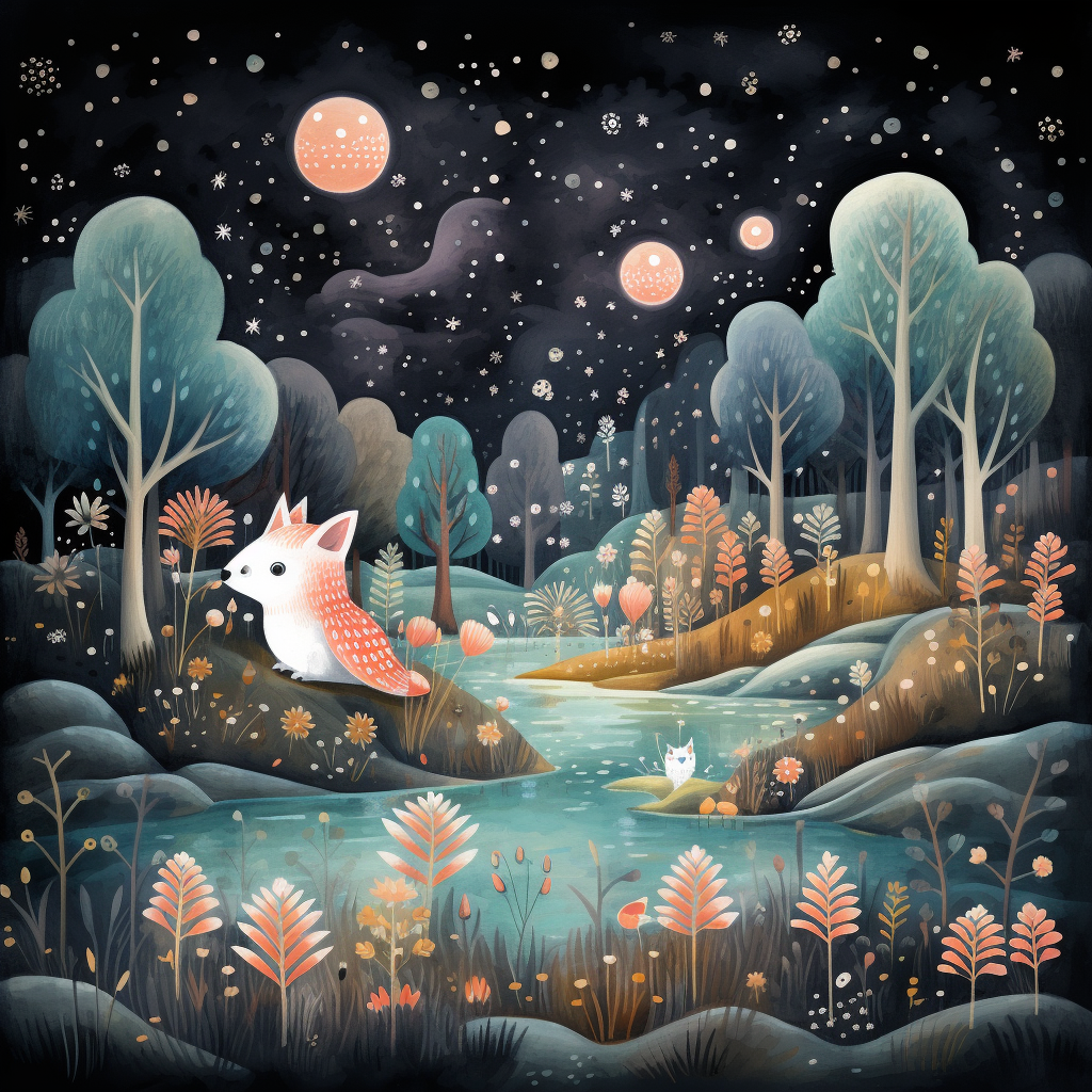 Animals in Enchanting Night Forest