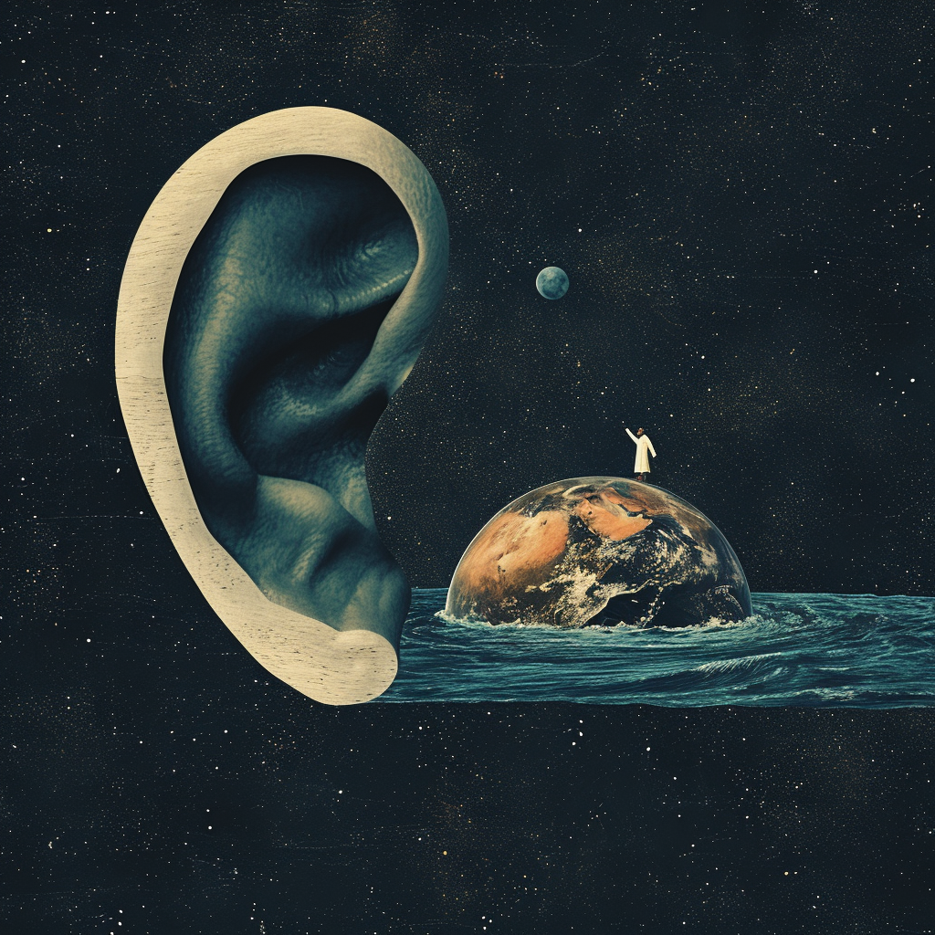 Doctor jumping into ear canal, earth at the end