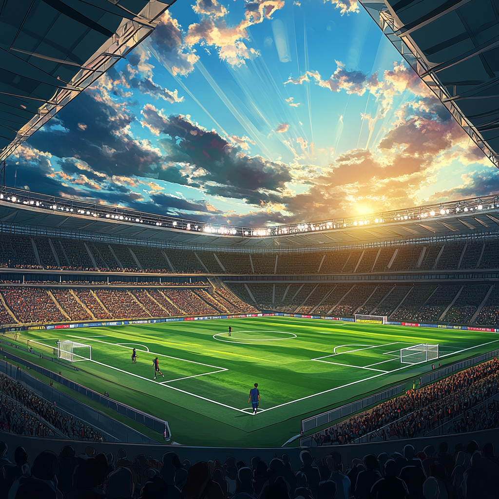 energetic football stadium on gameday with joyful atmosphere and colorful sun.