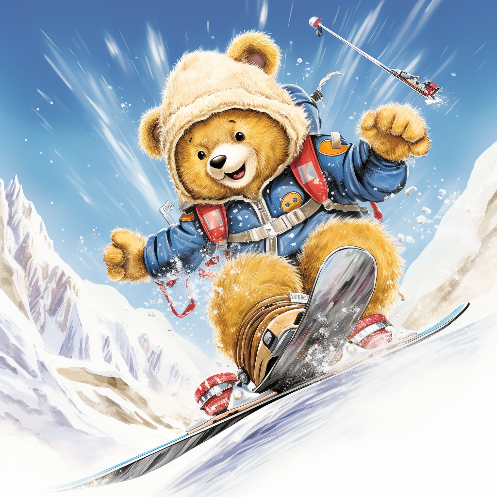 Teddy bear skiing with excitement