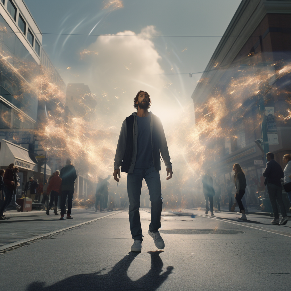 Man walking down the street with energy forcefield